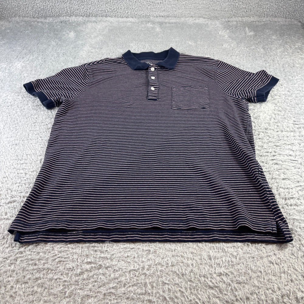 J.Crew Mens Stretch Pique Polo Shirt Navy Blue Pink Striped Pocket Large L